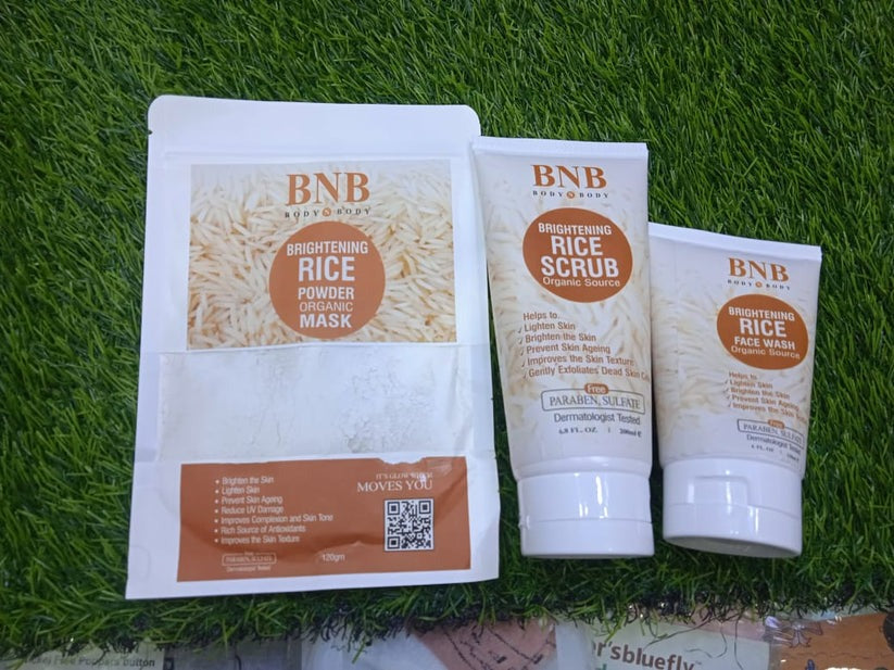 BNB 3 in 1 Rice Extract & Glow Kit ~ Rice Face Wash + Rice Scrub + Rice Face Mask